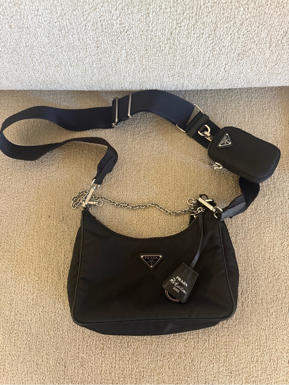 Prada Black Nylon Shoulder Bag with Chain Detail and Mini Pouch
